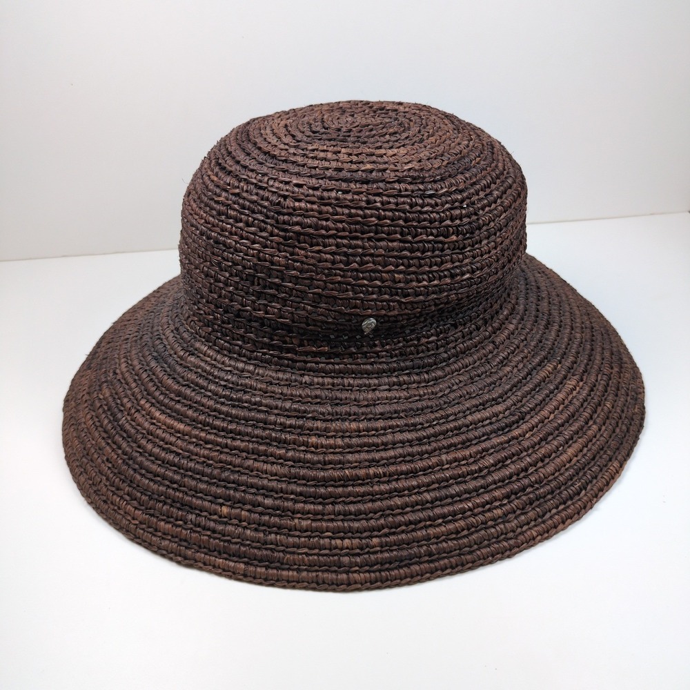 Helen Kaminski Raffia Sun Hat Madagascar Hand Crocheted Brown Wide Brim Rollable